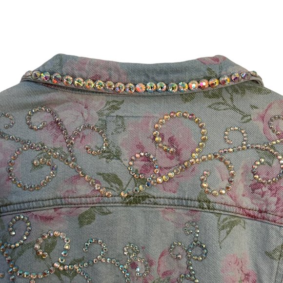 (H-216) Embellished Rose Print Denim Jean Jacket Size L - Picture 14 of 14